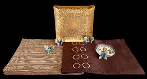 lot 100H image: SR - Gold Square Platters 11in (4) - Brown Circle Placements (6) - Butterfly Decor