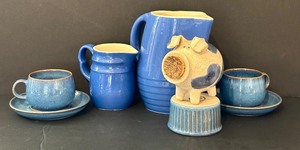 lot 143H image: O - Blue Stoneware 8-Piece Set - 2 Pitchers, 2 Mugs, 2 Saucers, 1 Ramekin, Piggy Bank