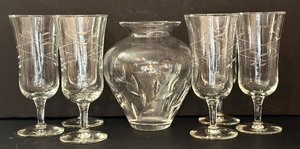 lot 146H image: O - Crystal Glassware Set - 6 Etched Wine Glasses & 1 Vase (Lot of 7)