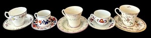 lot 150H image: SR - 5 Mixed-Brand Floral Teacups& Saucers - Gorham Town & Country, Secret Garden, Fitz & Floyd and Porsgrund (Lot of 5)