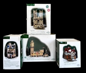 lot 151H image: SR - Dept 56 Dickens Village Big Ben, Westminster Abby, Teamen & Crupp China Shop, Stump Hill Gatchouse