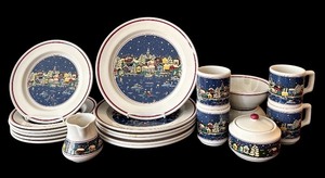 lot 153H image: SR - Oneida Holiday Harbor Set - 6 Dinner Plates, 6 Salad Plates, 2 Bowls, 4 Mugs, Sugar Bowl & Creamer