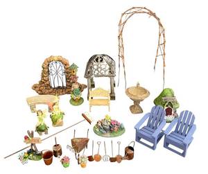 lot 196 image: SR - 13-Inch Garden Arch with Gate - 2 Blue Adirondack Chairs & Fairy Figures
