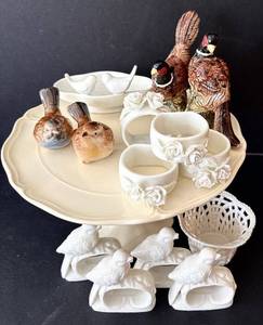 lot 294H image: SR - Wedgwood Queens Ware Dessert Stand w Bird Napkin Holders, Pheasant Salt and Pepper Shakers and More