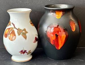 lot 296H image: SR - Poole Pottery England White Vase with Fruit Motif - Royal Worcester Black Vase with Fruit