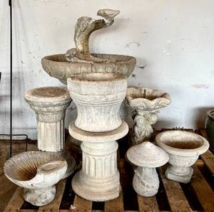 lot 300H image: G - Mismatched Cement Pedestals & Garden Decor