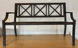 lot 301H image: G - Black Metal Bench with X-Back & Curved Arms