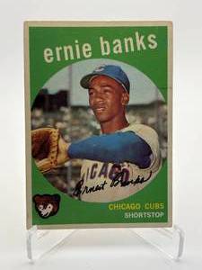 1959 Topps Ernie Banks Baseball Card, Chicago Cubs Legend, Card is Well Centered- Has Some Corner and Surface Wear, but Overall Card Has Great Eye Appeal