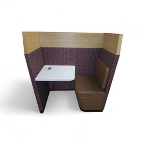 Arcadia Contract Co-op Single Work Module, a private lounge unit featuring a high-back privacy booth with integrated table seating designed for focused work.