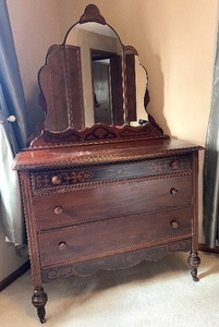 Antique-Style Dark Wood Dresser with Triple Mirror Vanity, Carved Details