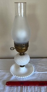 lot 10 image: Vintage Milk Glass Hobnail Table Lamp - Frosted Shade, Clear Chimney, Brass Hardware