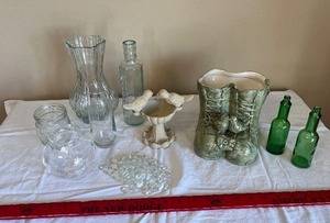 lot 12 image: Clear Glassware Collection with Green Bottles - Vases, Jars & Boot Vase