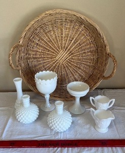 lot 14 image: Milk Glass Hobnail 7-Piece Set - Goblet, Decanters & Pedestal Bowl