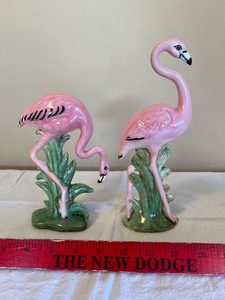 lot 33 image: Flamingo Ceramic Figurines - Pink Flamingos on Green Foliage (Lot of 2)