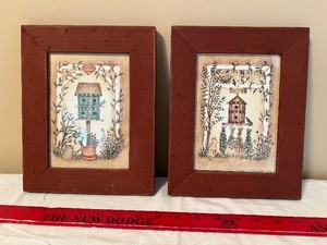 lot 36 image: Pair of Framed Folk Art Prints - Birdhouse & Garden Scenes