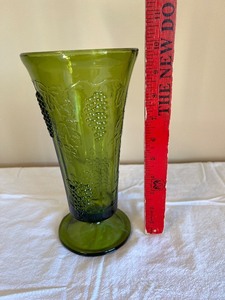 lot 43 image: Green Glass Vase - Grapevine Pattern, Tall Flared Rim, Vintage Style