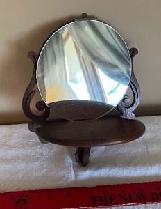 lot 58 image: Vintage Round Wall Mirror with Carved Wood Back & Small Shelf