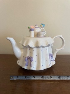 lot 88 image: Teleflora Teapot with Lid & Bird Accent - Porcelain, Purple Dots, Lavender Bows