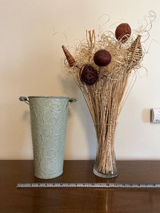 lot 92 image: Vases - Galvanized Tin Vase & Glass Vase with Dried Arrangement - Lot of 2