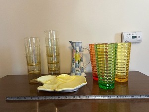 lot 103 image: Celebrations Glassware Set Clear Tumblers, Colored Ribbed Tumblers, Floral Pitcher, Leaf Dish