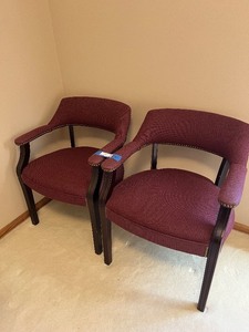 lot 122 image: Hillcrest Burgundy Upholstered Armchairs (Pair) - Nailhead Trim, Dark Wood Legs