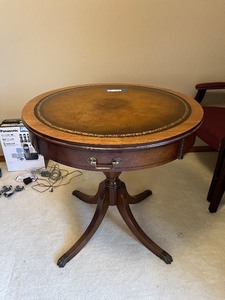 lot 123 image: Antique Round Pedestal Table - Leather Top with Gold Tooled Border, 29in Diameter