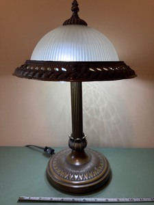 lot 139 image: Vintage Table Lamp - Bronze Ornate Base with White Ribbed Glass Shade