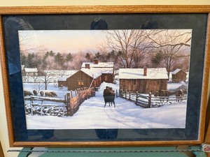 lot 145 image: Framed Winter Landscape Print - Snowy Village with Log Cabins, Wood Frame