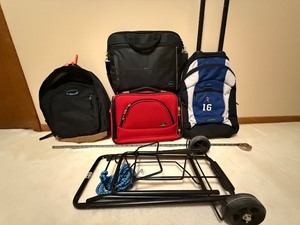 lot 158 image: Dell Laptop Bag, Grand Mountain Backpack, Red Organizer Bag, BlueWhite Sports Bag, Rolling Cart