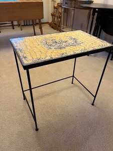 lot 181 image: Vintage Mosaic Tile-Top Table with Scenic Central Panel and Black Metal Frame