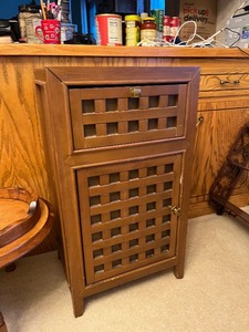 lot 186 image: Vintage Brown Wood Cabinet with Lattice Front Doors - Two Compartments