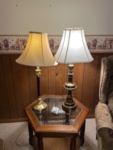 lot 197 image: Pair of Brass Table Lamps with Fabric Shades - 2-Piece Set