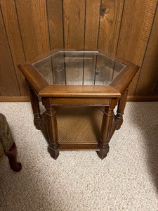 lot 200 image: End Table - Vintage Hexagonal Glass-Top with Woven Lower Shelf