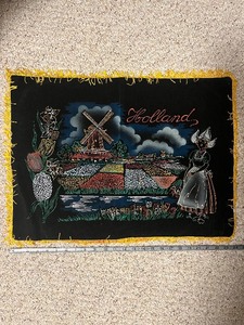 lot 206 image: Holland Windmill Scene Wall Tapestry - Dutch Girl & Fields, 24 x 16 in