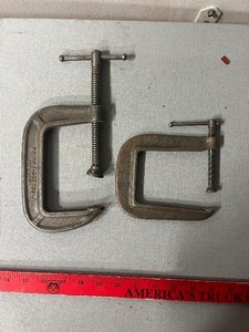 lot 228 image: C-Clamps (2) - Vintage Cast-Iron Heavy-Duty Shop Clamps, Large & Small