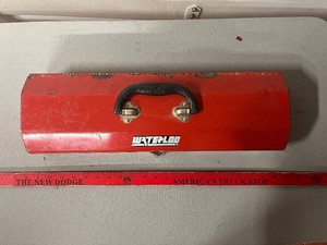 lot 241 image: Waterloo Red Metal Toolbox Case With Black Handle - Vintage Tool Box