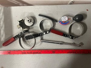 lot 242 image: Strap Wrench with Dial Gauge, Band Clamp & Automotive Tools