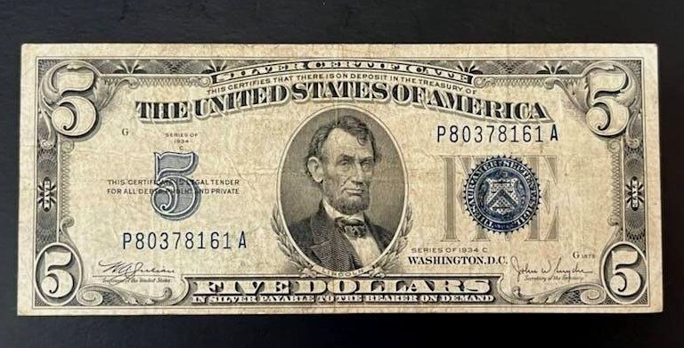 lot 10 image: 1934C $5 Blue Seal Silver Certificate Banknote (Fine)