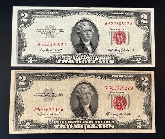 lot 11 image: 1953A $2 Legal Tender Red Seal Note (Crisp Uncirculated) & 1953B $2 Legal Tender Red Seal Note (Very Good)