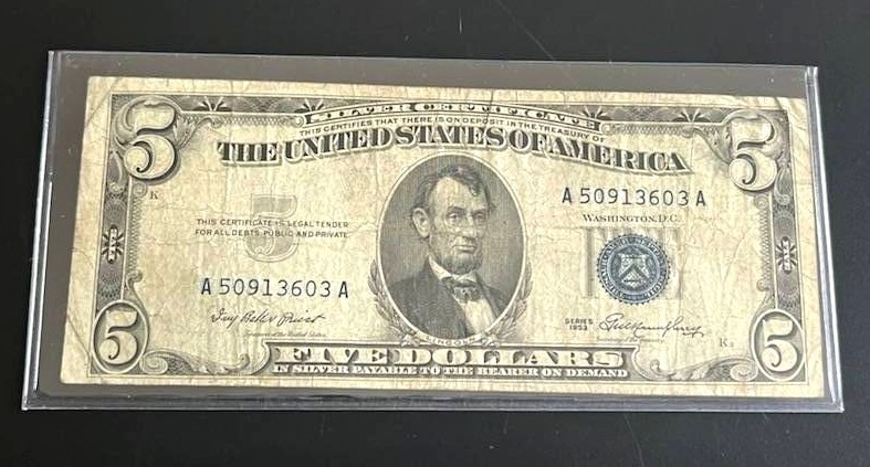 lot 38 image: 1953 $5 Blue Seal Silver Certificate (Very Good)