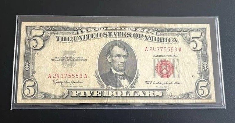 lot 43 image: 1963 $5 Red Seal Legal Tender Note (Fine)