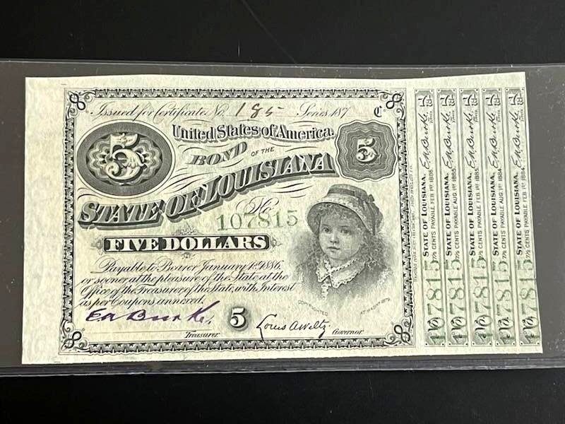 lot 45 image: 1880s $5 State of Louisiana Single Bond with Green Serial Number (Crisp Unused)