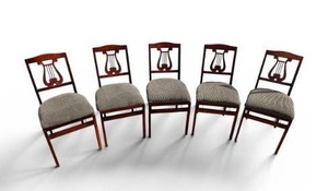 lot 9 image: Set of 5 STAKMORE Music Back Folding Cherry Framed Chairs