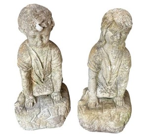 lot 58 image: Pair of Vintage 13 Tall Cast Stone Concrete Garden Statues (Boy and Girl)