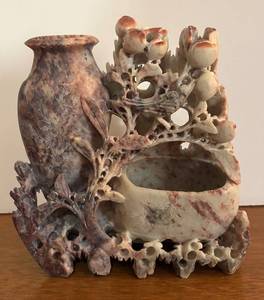 lot 263R image: BR1 - Vintage Chinese Soapstone Sculpture - Hand-Carved Vase With Floral Branch Design