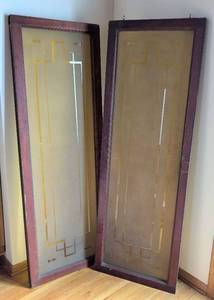 lot 340 image: MB - Vintage Art Deco Frosted Glass Panels in Wood Frames - 23.5 x 68 in - Pair