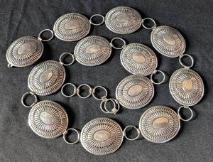 lot 420 image: MB - Vintage Native American Sterling Silver Concho Belt - 46 in Long