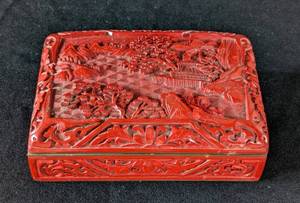 lot 596 image: HW - Cinnabar Lacquer Trinket Box - Hand-Carved Landscape, Blue Interior
