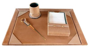 lot 14 image: MB - Gucci Italy Vintage Leather Crocodile-Embossed Desk Set with Blotter, Magnifier & Box
