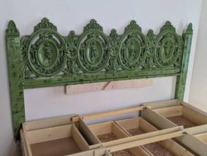lot 14A image: MB - Green Ornate Metal Headboard with Wooden Storage Base
